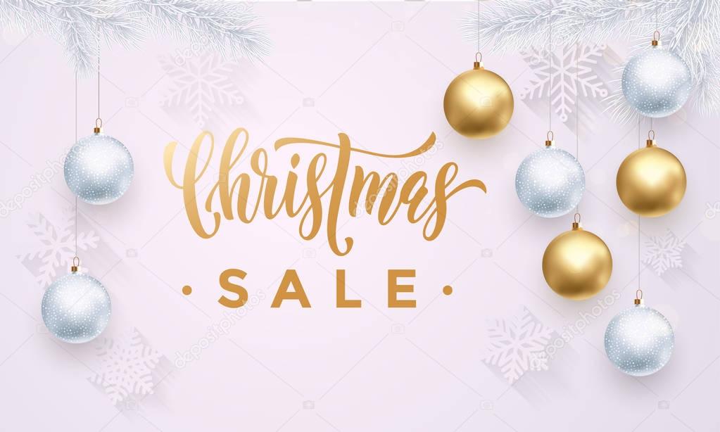 Christmas Sale banner with snowflakes white pattern gold ball ornaments