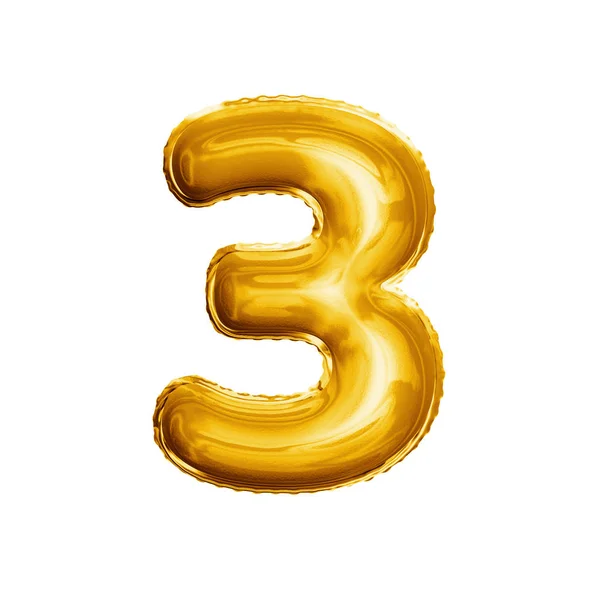 Balónek číslo 3 tři 3d zlaté fólie realistické abeceda — Stock fotografie