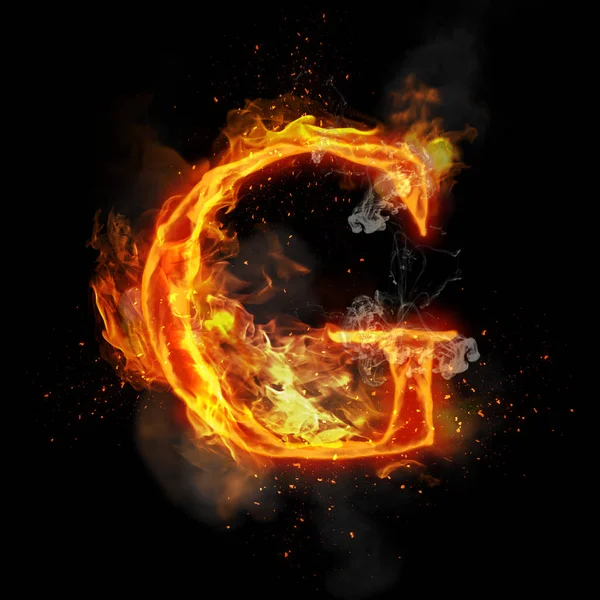 Letter G van brandende vlam licht brand — Stockfoto