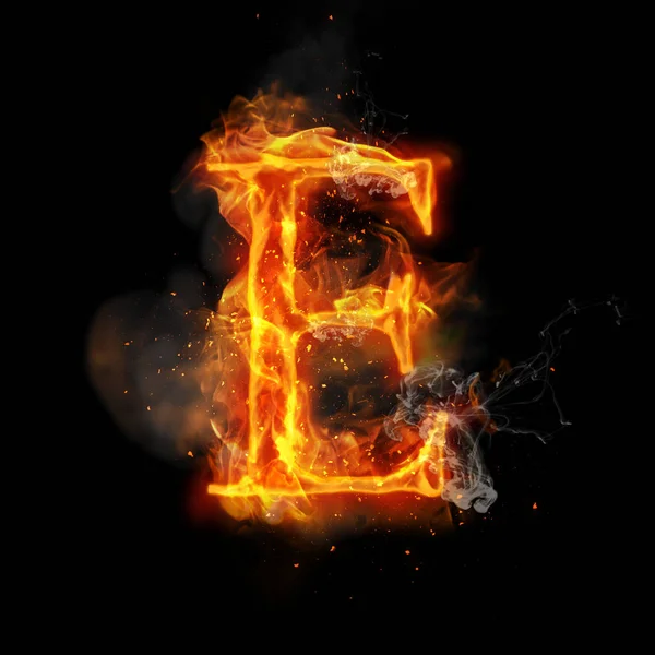 Letter E van het branden van de vlam licht brand — Stockfoto