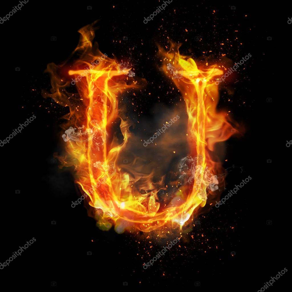 Fire letter U of burning flame. Flaming burn font or bonfire alphabet text with sizzling smoke and fiery or blazing shining heat effect. Incandescent hot red fire glow on black background
