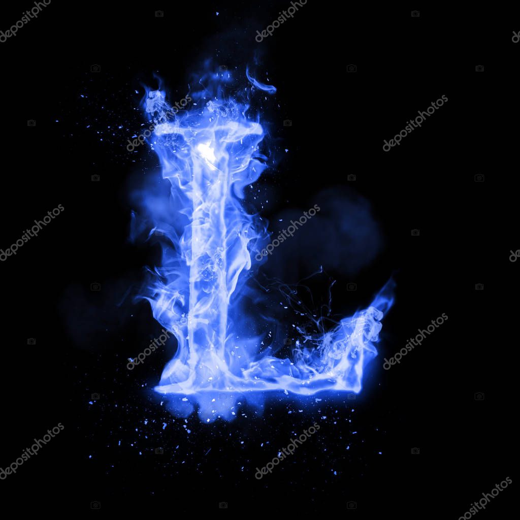 Fire letter L of burning blue flame. Flaming burn font or bonfire alphabet text with sizzling smoke and fiery or blazing shining heat effect. Incandescent cold fire glow on black background