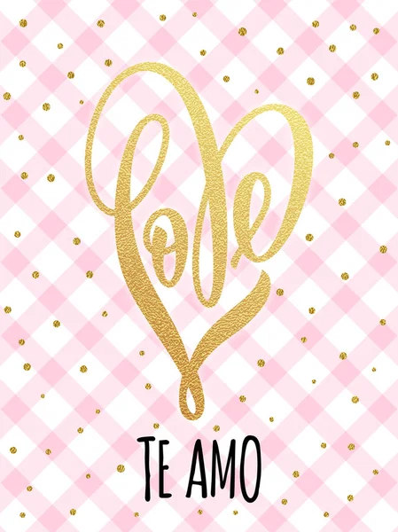 Sevgiliye altın kalp glitter desen kartı seviyorum — Stok Vektör