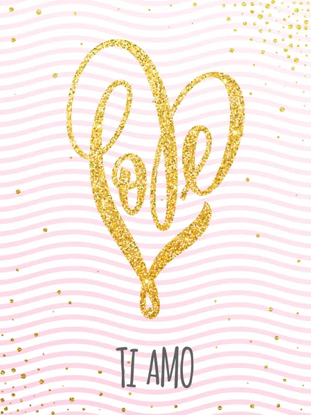 Sevgiliye altın kalp glitter desen kartı seviyorum — Stok Vektör
