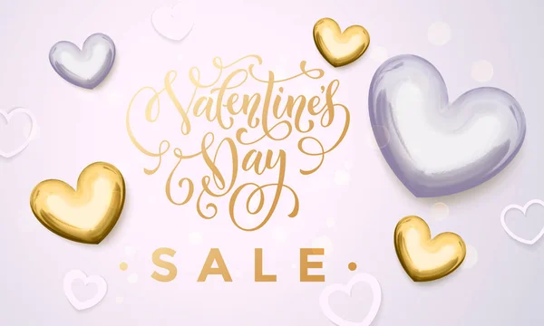 Valentinstag Verkauf Gold Herz Glitter Poster — Stockvektor