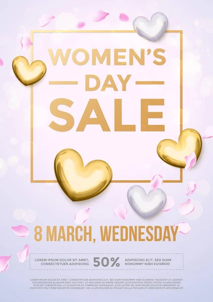 Frauen Tag Gold Glitter Verkauf Poster Text auf Herz Hintergrund — Stockvektor