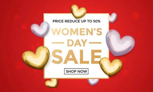 Vrouwen dag verkoop web banner sjabloon goud glitter hart patroon achtergrond — Stockvector
