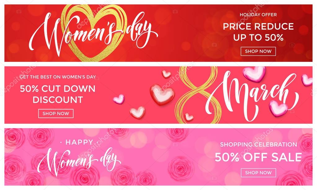 Women Day sale gold glitter heart web banner 8 March