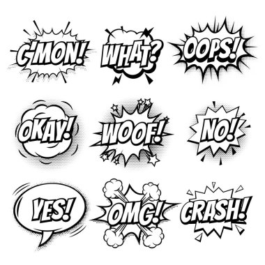 Komik metin kabarcıklar izole kroki Icons set vektör