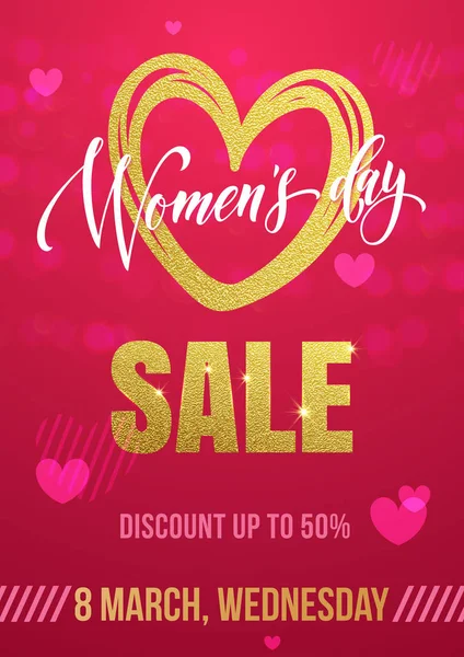 Vrouwen Day verkoop poster op gouden glitter hart patroon achtergrond — Stockvector