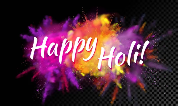 Happy Holi greeting card of paint powder explosion on black background — Stock Vector