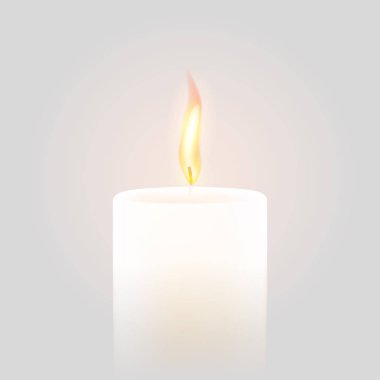 3D gerçekçi vektör beyaz arka plan yanan mum alev
