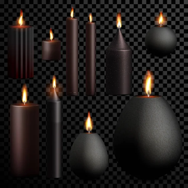 Bougies 3D réaliste noir fixé flamme vecteur fond transparent — Image vectorielle