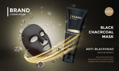 Kozmetik paket reklam vektör şablon cilt bakım kömür maskesi