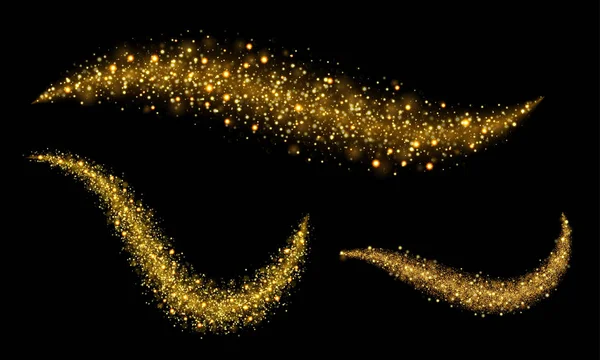 Gouden glitter golven van sprankelende confetti op vector zwarte achtergrond — Stockvector