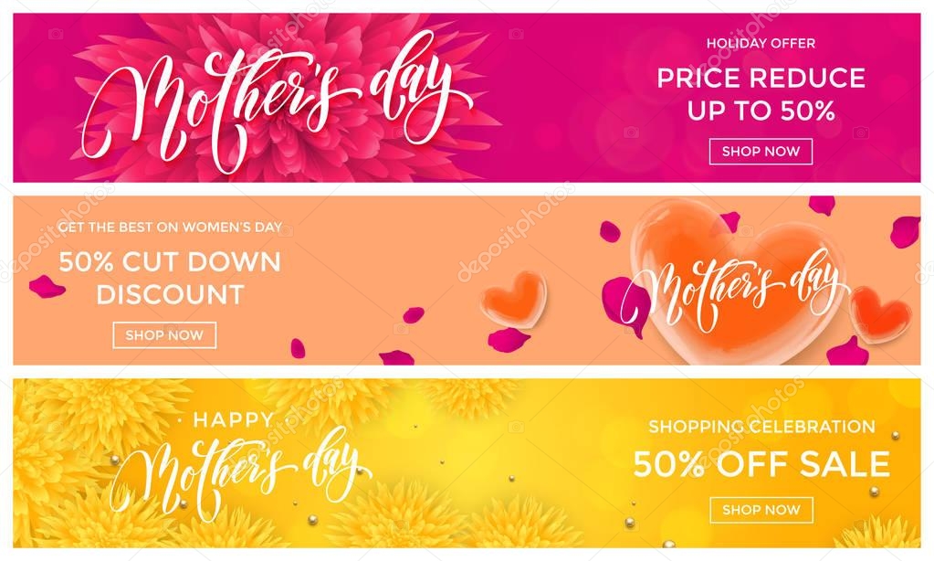 Mother Day Sale web banners with vector hearts and flowers