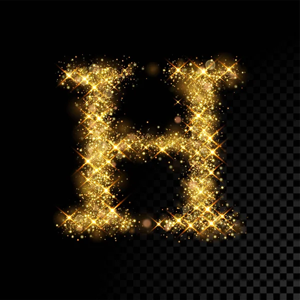 Gold glittering letter H op zwarte achtergrond — Stockvector