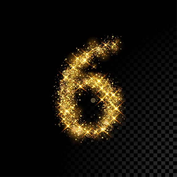 Guld glittrande nummer sex 6 på svart bakgrund — Stock vektor