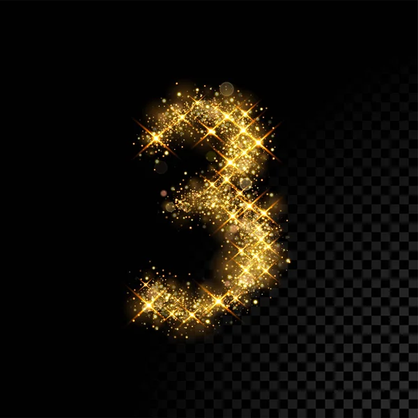 Gold glittering number Three 3 on black background — Stock Vector