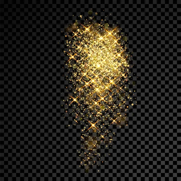 Gouden glitter schittert en lichte deeltjes op vector transparante achtergrond — Stockvector