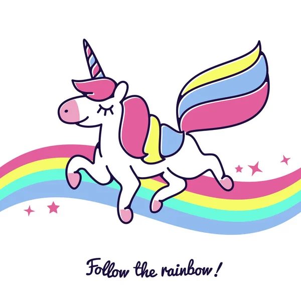 Unicornio volando a través del arco iris vector lindo cuento de hadas feliz icono de caballo — Vector de stock