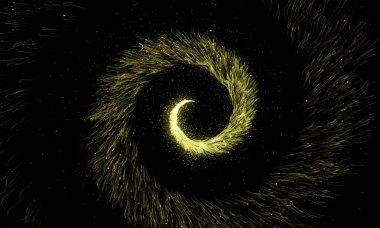 Gold glittering spiral trail of sparkling dust particles on black background. clipart