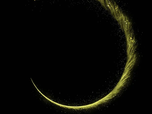 Gold glittering spiral trail of sparkling dust particles on black background. — Stock Photo, Image