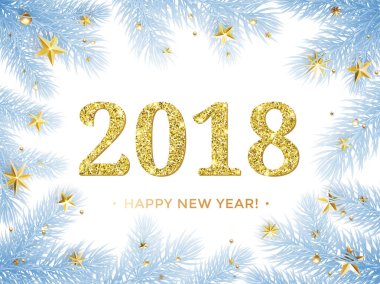 2018 happy New Year vektör arka plan. Altın glitter doku Noel ağacı çerçeve ile