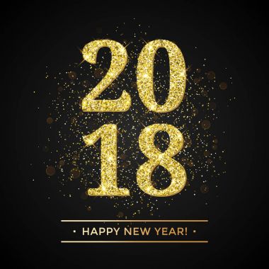 Altın glitter 2018 Happy New Year metin siyah parlak zemin üzerine