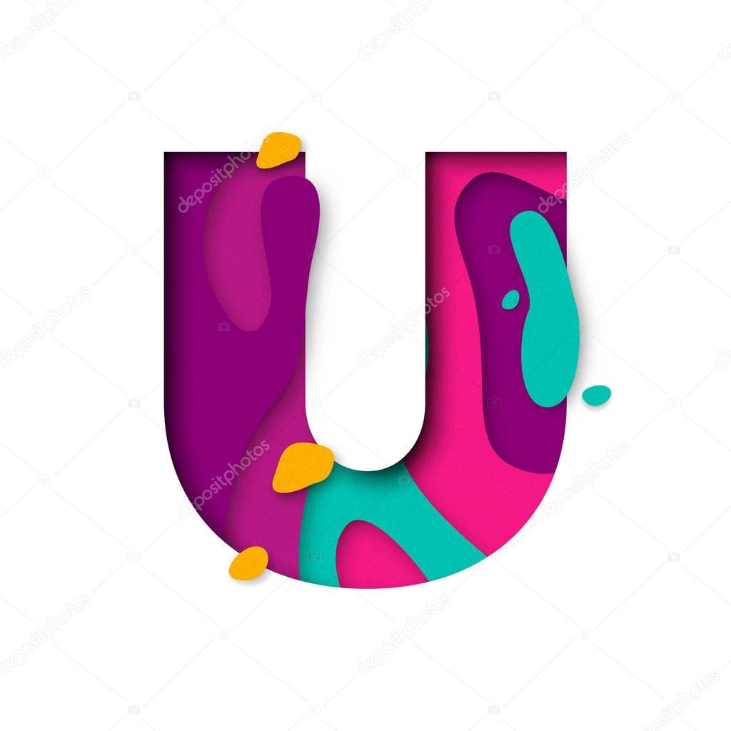 Paper cut letter U. Realistic 3D multi layers papercut isolated white background