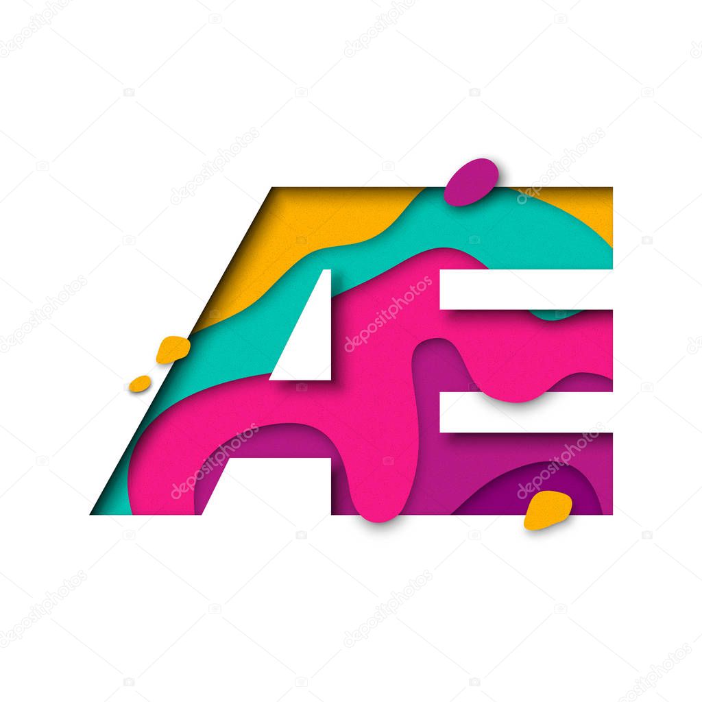 Paper cut letter AE. Realistic 3D multi layers papercut logogram white background