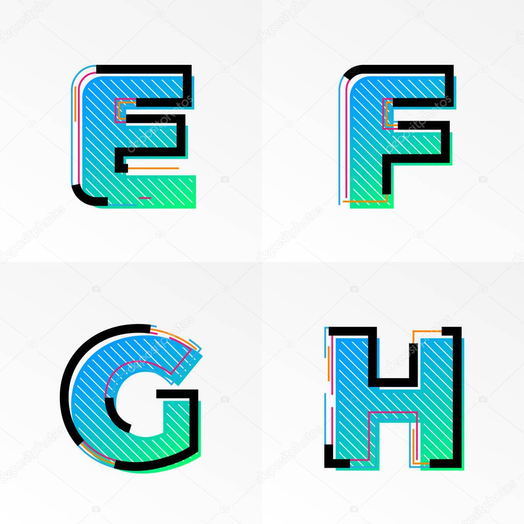 Modern font alphabet set with letter E, F, G, H. Vector abstract letters memphis gradient color and line design on white background for poster title headline or corporate identity typography
