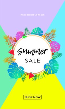 Yaz satış poster meyve ve palmiye yaprağı vektör online alışveriş Banner