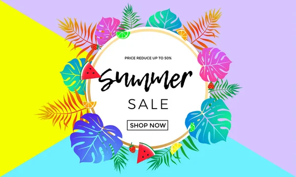 Yaz satış fiyatı azaltmak alışveriş vektör palmiye yaprak meyve afiş