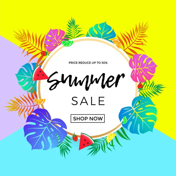 Плакат летней продажи фруктов и вектора пальмовых листьев онлайн торговый баннер — стоковый вектор
