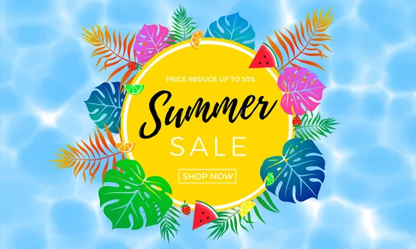 Yaz satış poster meyve, berry ve palmiye yaprağı vektör alışveriş Banner