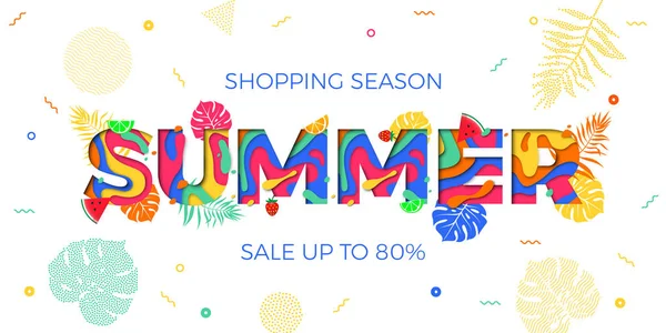 Venta de verano de compras descuento vector hoja de palma papel texto web banner — Archivo Imágenes Vectoriales