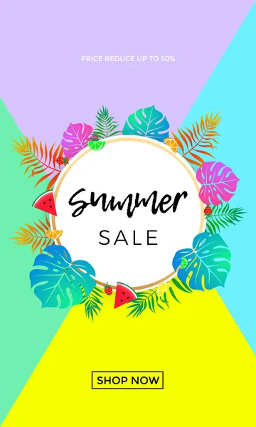 Cartel de venta de verano de frutas y hojas de palma vector banner de compras en línea — Vector de stock