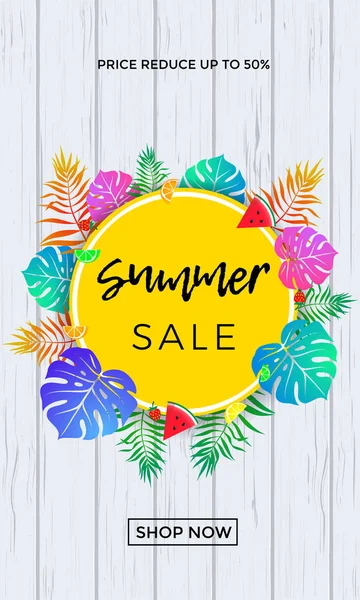 Cartel de venta de verano de frutas y hojas de palma vector banner de compras en línea — Vector de stock