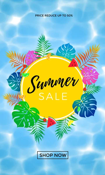 Cartel de venta de verano de frutas, bayas y hojas de palma banner de compras vector — Vector de stock