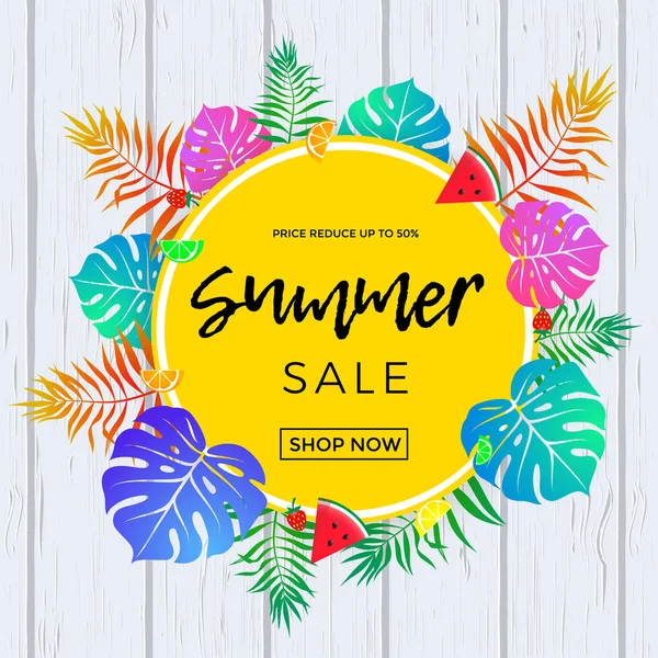 Плакат летней продажи фруктов и вектора пальмовых листьев онлайн торговый баннер — стоковый вектор