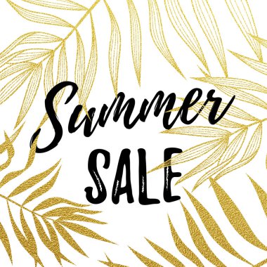 Yaz Satılık metin ile altın palmiye desen beyaz zemin üzerine bırakır.