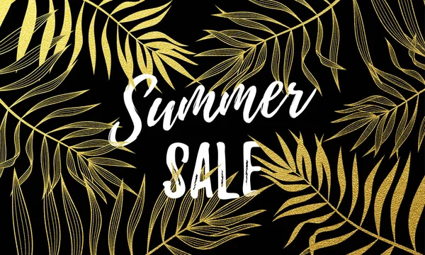 Векторный Summer Sale черный фон с рисунком листьев золотой пальмы — стоковый вектор