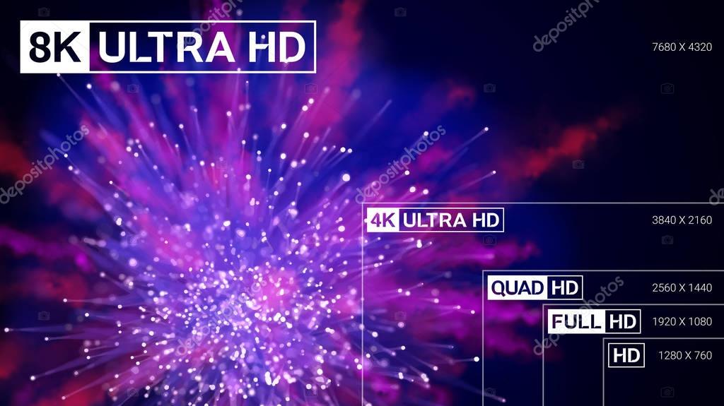 8K Ultra HD, 4K UHD, Quad HD, Full HD and HD resolution presentation scale frame with abstract color powder background. Vector illustration with TV symbols and icons