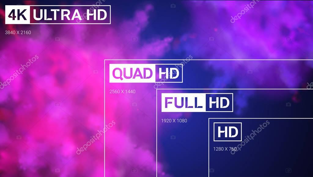 8K Ultra HD, 4K UHD, Quad HD, Full HD and HD resolution presentation scale frame with abstract color powder background. Vector illustration with TV symbols and icons