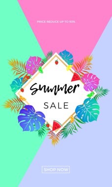 Yaz satış poster meyve ve palmiye yaprağı vektör online alışveriş Banner