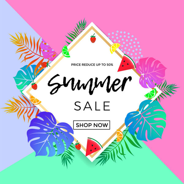 Плакат летней продажи фруктов и вектора пальмовых листьев онлайн торговый баннер
