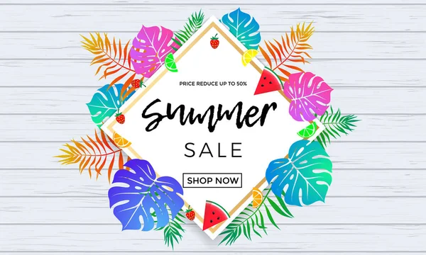 Summer sale poster of fruits and palm leaf vector online shopping banner — Stock Vector