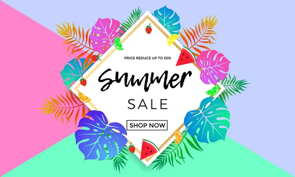 Precio de venta de verano reducir compras vector hoja de palma banner de fruta — Vector de stock