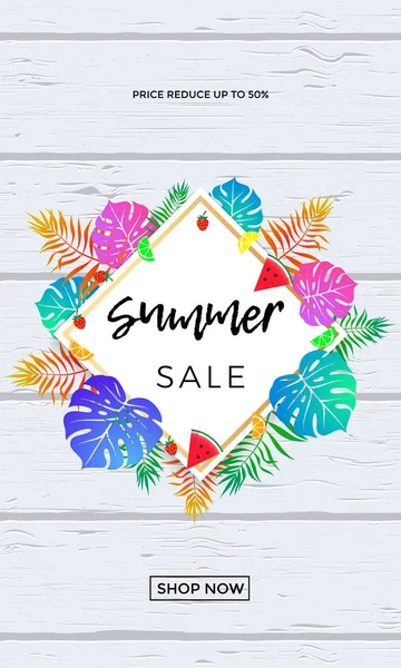Cartel de venta de verano de frutas y hojas de palma vector banner de compras en línea — Vector de stock